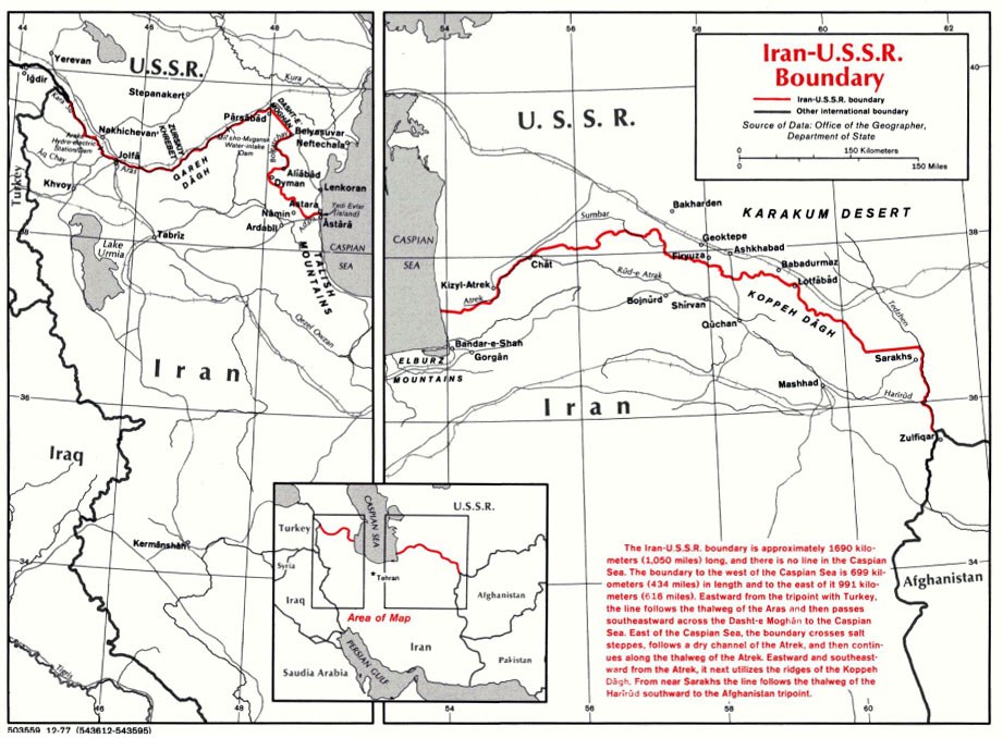 Detailed map of the Iranian-USSR boundary with geographical features and border information.