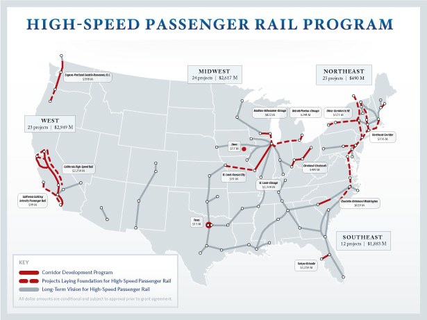 Ein Plakat, das eine detaillierte Karte des U.S.-amerikanischen Hochgeschwindigkeits-Personenverkehrsprogramms zeigt, mit Routen und wichtigen Standorten sowie erklärendem Text zu dessen Zweck und Funktion.