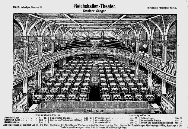 Black and white architectural drawing of the Reichshallen Theater in Berlin, depicting its auditorium with rows of chairs, pillars, and ceiling, including text at the bottom.