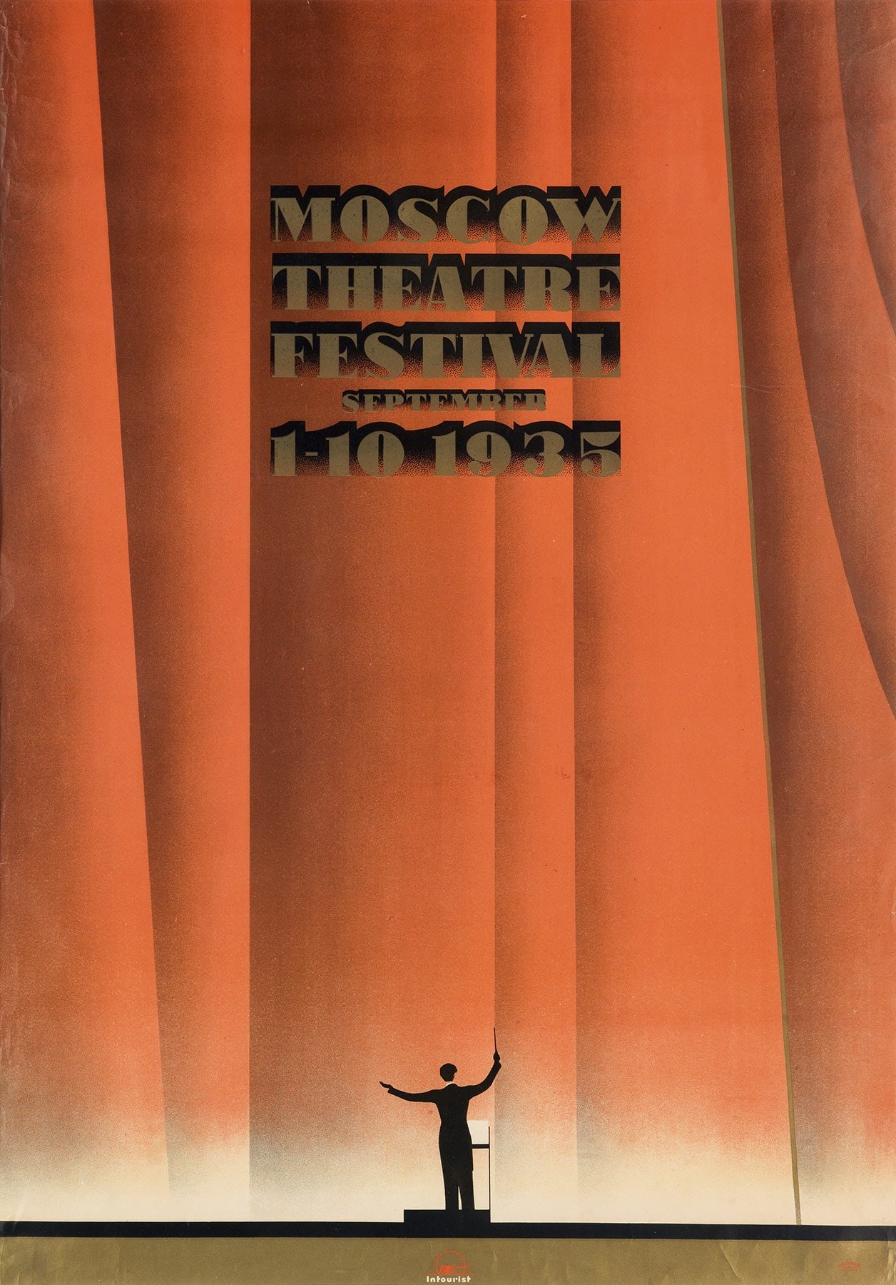 Plakat für das Moskauer Theaterfestival 1935 mit einer Person vor einem Vorhang und Textangaben zum Festival
