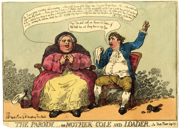 Cartoon-Illustration eines Mannes und einer Frau, die auf einem Stuhl sitzen, wobei der Mann ein Blatt Papier hält, und Text unten mit der Aufschrift "Die Parodie von Mother Cole und Loader".