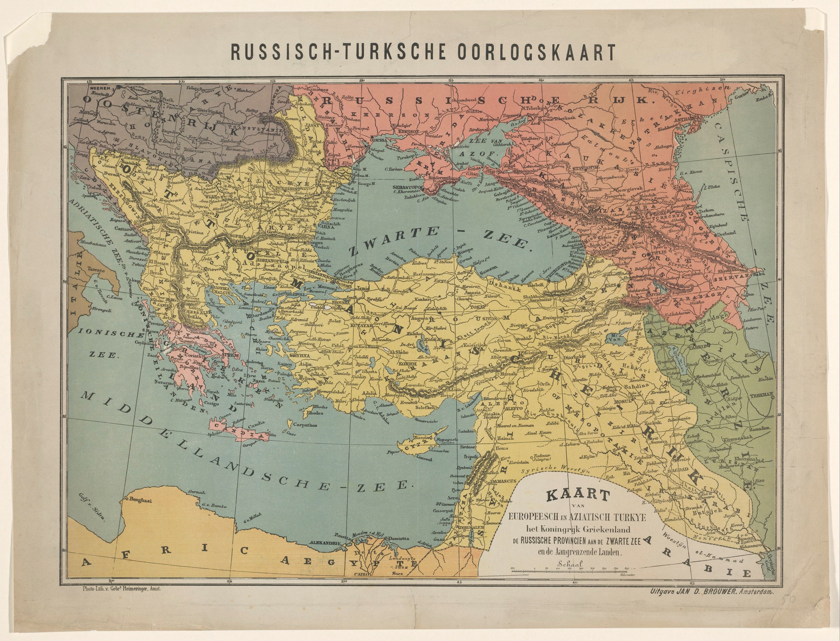 Old map titled "Russian-Turkische Oorlogskaart" with detailed borders of regions and countries, including text at the top and bottom.
