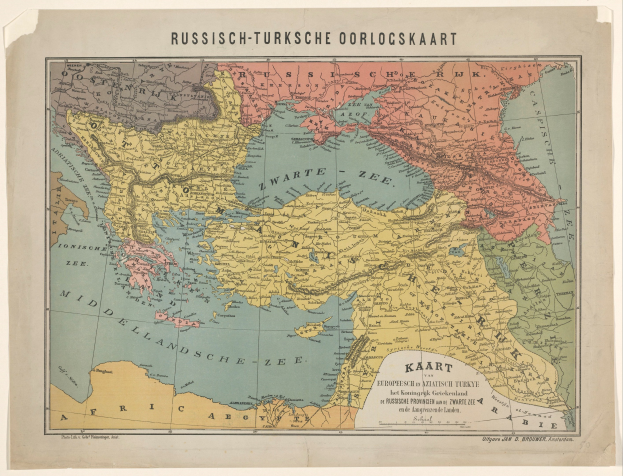Old map titled "Russian-Turkische Oorlogskaart" with detailed borders of regions and countries, including text at the top and bottom.