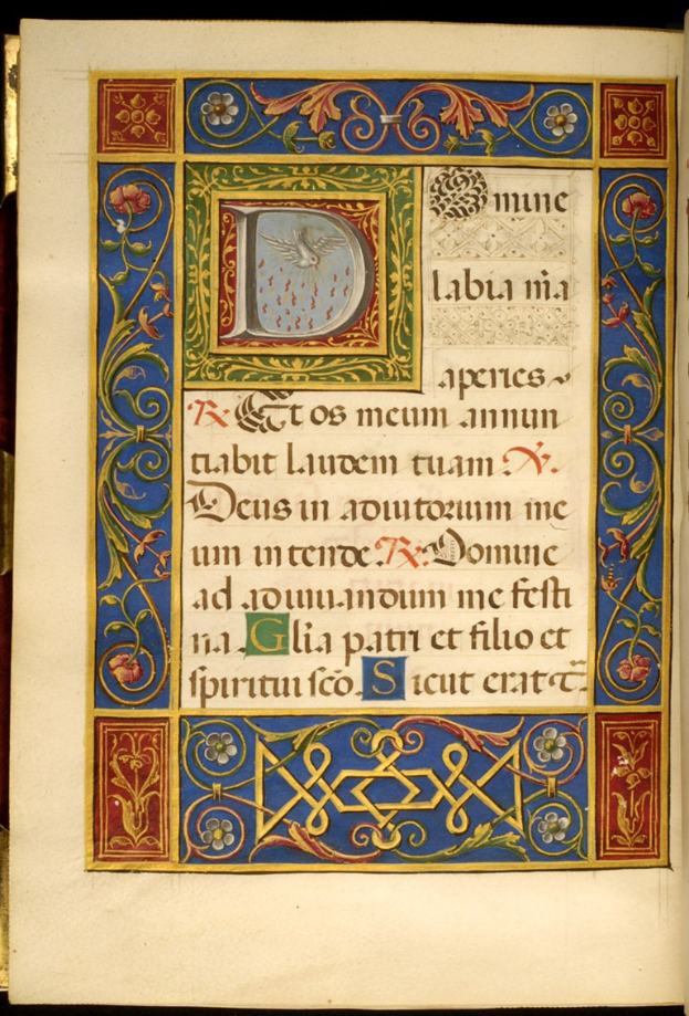 Eine Seite aus einer illuminierten Handschrift mit einem großen, verzierten Buchstaben 'D', umgeben von detaillierten Entwürfen und Text in leuchtenden Farben.