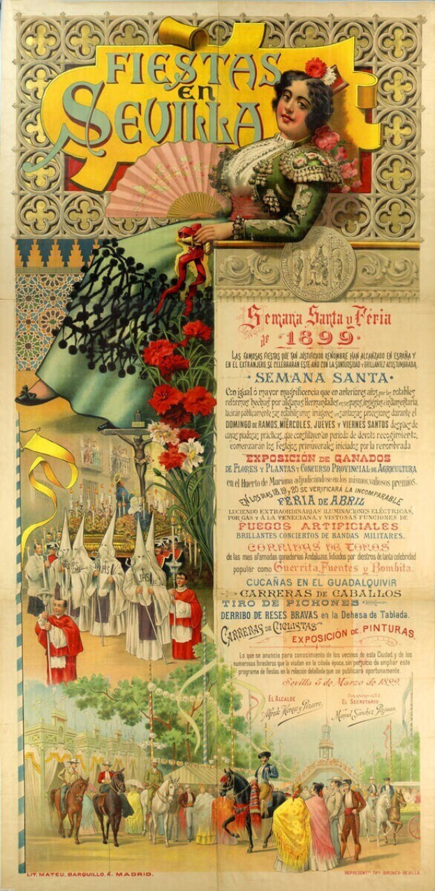Plakat für ein Fest in Sevilla, Spanien, mit einer Frau in traditioneller Kleidung umgeben von Menschen, Pferden, Bäumen und Blumen mit Veranstaltungstext.