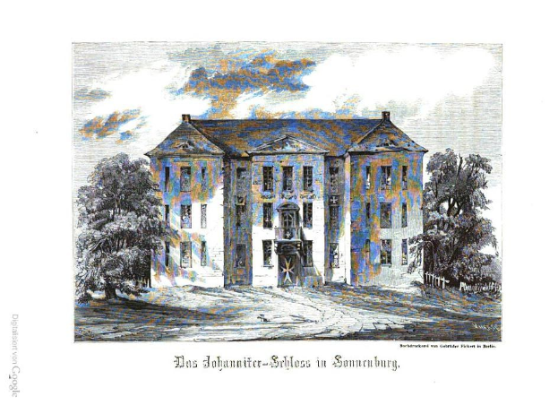 A drawing of a large building with many windows, surrounded by trees under a cloudy sky, labeled "Das Johanniter-Schloss in Sonnenburg" at the bottom.