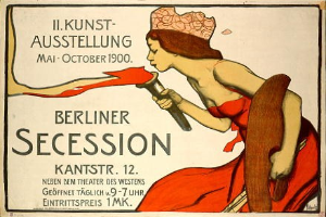 Plakat aus dem Jahr 1900, das eine Berliner Sezession ankündigt und eine Frau in rotem Kleid zeigt, die ein Objekt hält, mit Text zu den Ereignissen.