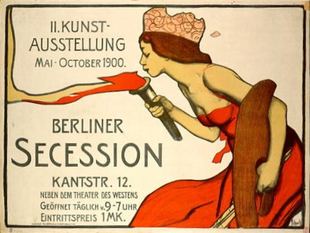 Plakat aus dem Jahr 1900, das eine Berliner Sezession ankündigt und eine Frau in rotem Kleid zeigt, die ein Objekt hält, mit Text zu den Ereignissen.