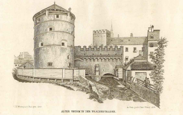 Black and white print of a castle with a central tower, surrounded by buildings, trees, and a bridge, labeled "Alter Thurn in der Frauenstrasse" at the bottom.
