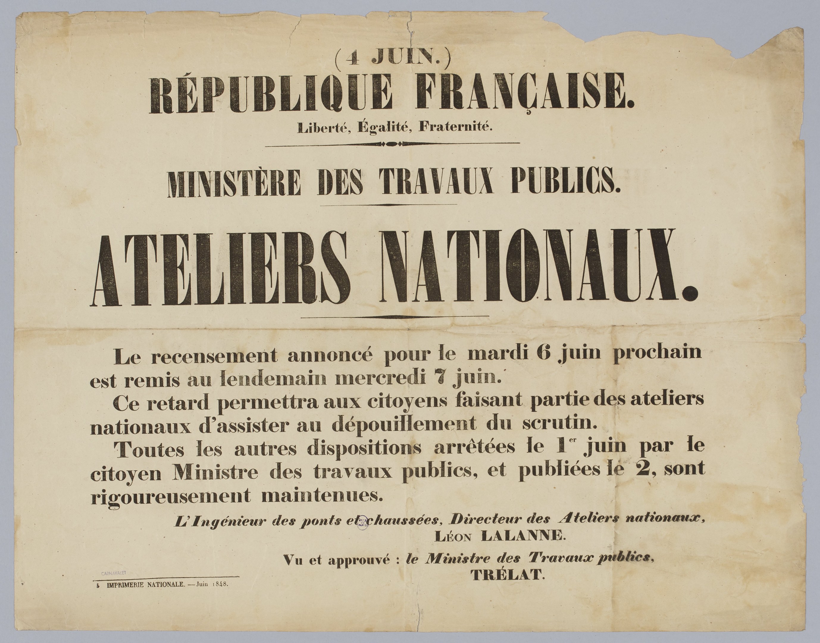 Paper with printed text "Ateliers Nationaux - République Française - Ministère des Travaux Publics".