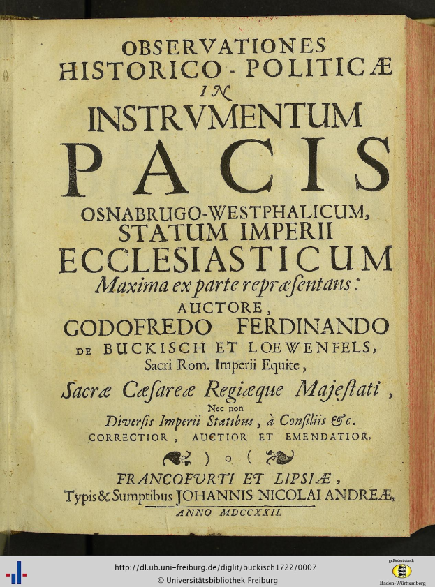 Altes Buch mit dem Titel "Beobachtungen Historico-Politica in Instrumentum Pacis" geöffnet auf einer Seite mit schwarzer Tinte in einem dekorativen Rahmen.