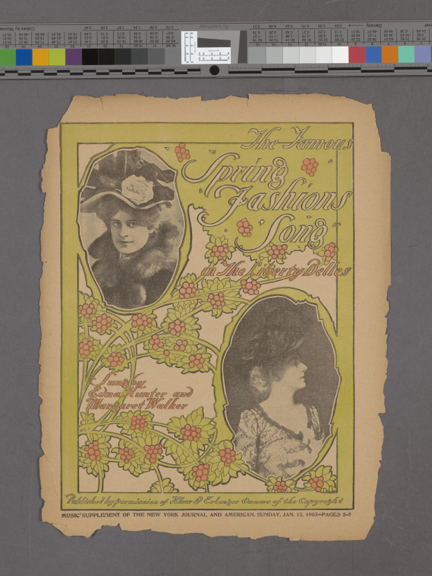 Paper with two women's portraits, text titled "The Famous Spring Fashions Song," and color scales at the top.