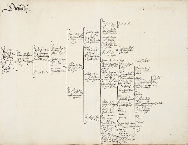 Offenes Buch mit handgeschriebener genealogischer Familienbaum-Darstellung.