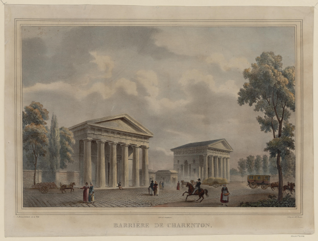 Painting of the Barrière de Charenton in Paris, showing people, horses, carts, trees, buildings, and a cloudy sky with text at the bottom.