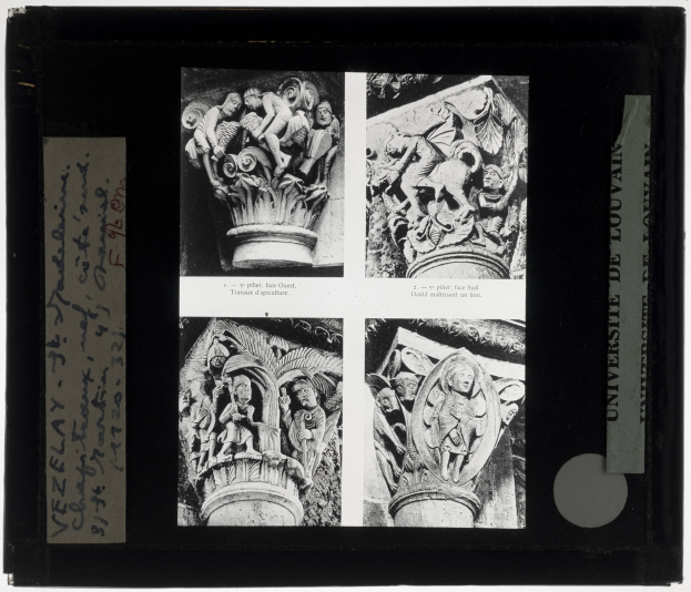 Black and white photo of a book featuring four sculpture images arranged in a collage with text on the left side.