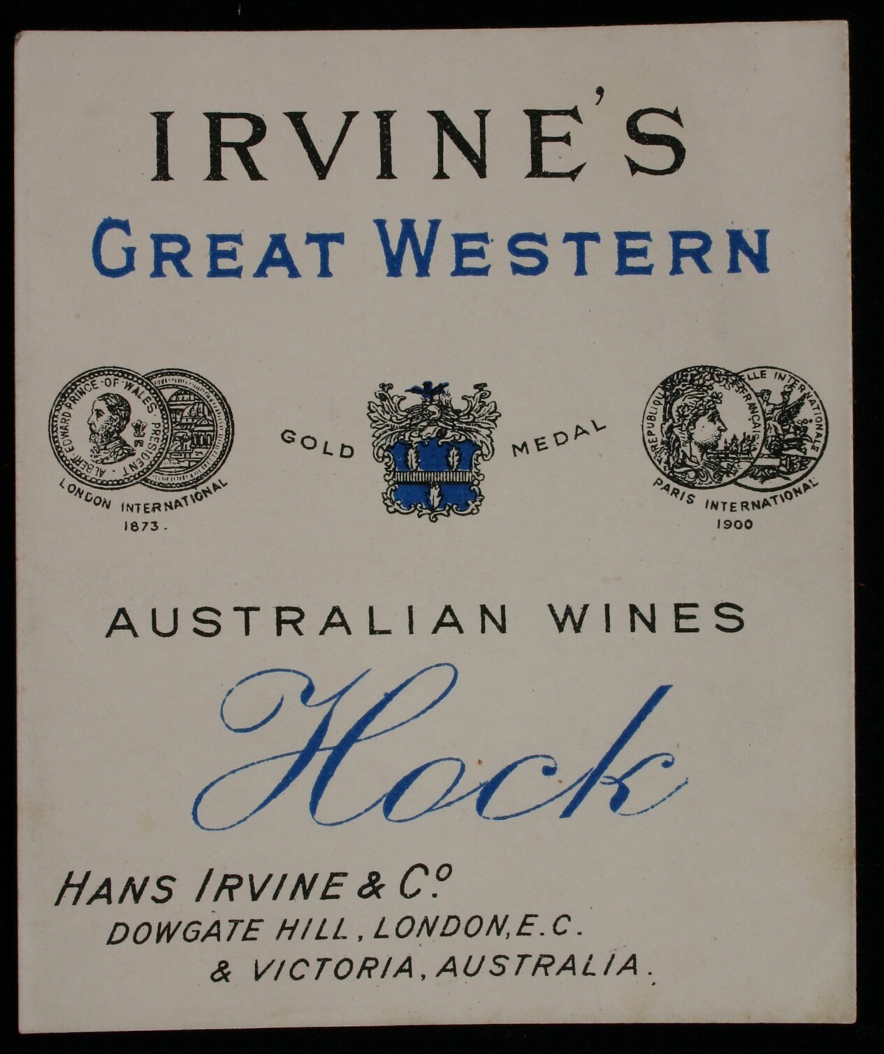 Plakat, das Irvines Great Western Australian Wines bewirbt, mit dem Namen des Unternehmens, dem Text "Hock" und Logos.