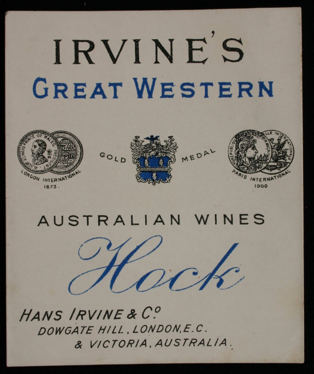 Plakat, das Irvines Great Western Australian Wines bewirbt, mit dem Namen des Unternehmens, dem Text "Hock" und Logos.