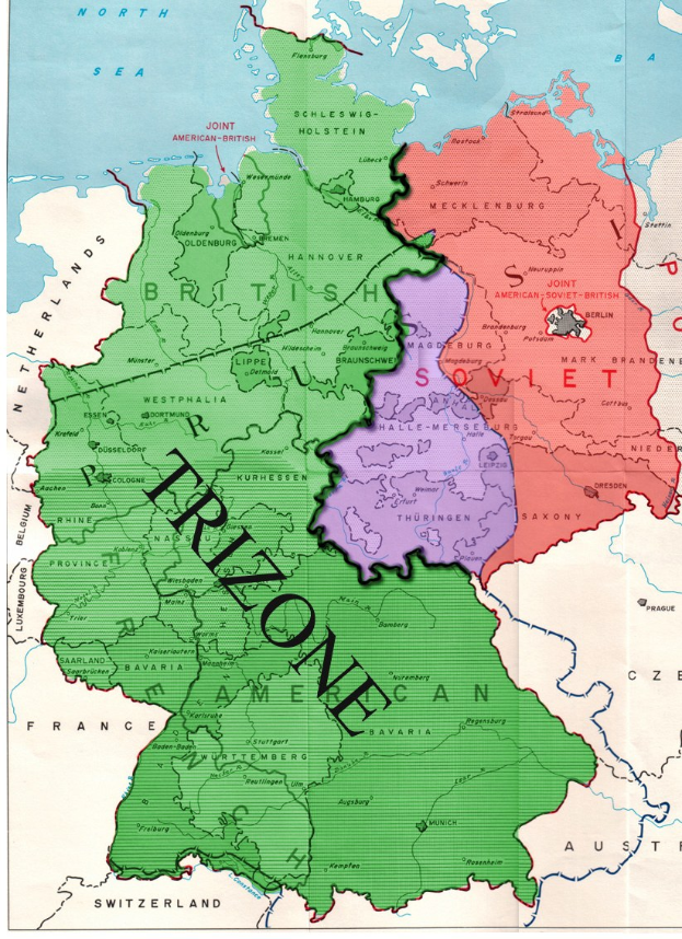 Ein Plakat, das eine Deutschlandkarte mit den Trizonen-Provinzen in verschiedenen Farben markiert und begleitenden Text zeigt.