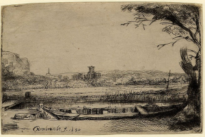 A drawing of a boat on a river with a castle in the background, surrounded by trees and a sky, signed "Rembrandt Harmensz van Rijn" at the bottom.