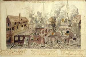 Ein altes Buch mit einer detaillierten Illustration einer Stadtzerstörung, das die Folgen der Belagerung von Leipzig zeigt, mit ruinierten Gebäuden, Rauch und Text.