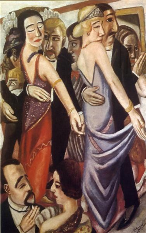 Painting titled "Dance at the Ballroom" by Henri Matisse showing a lively scene of people dancing in a ballroom, with a photo frame visible on the wall in the background.