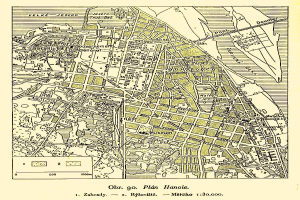 Ein detailliertes altes Stadtplan von Hannover, Deutschland, der Straßen, Gebäude und Sehenswürdigkeiten zeigt, mit Text unten.