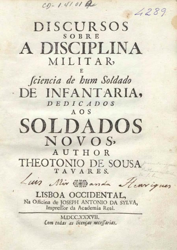 Old book titled "Discursos Sobre a Disciplina Militar" in bold font on a deep blue cover with a white border.