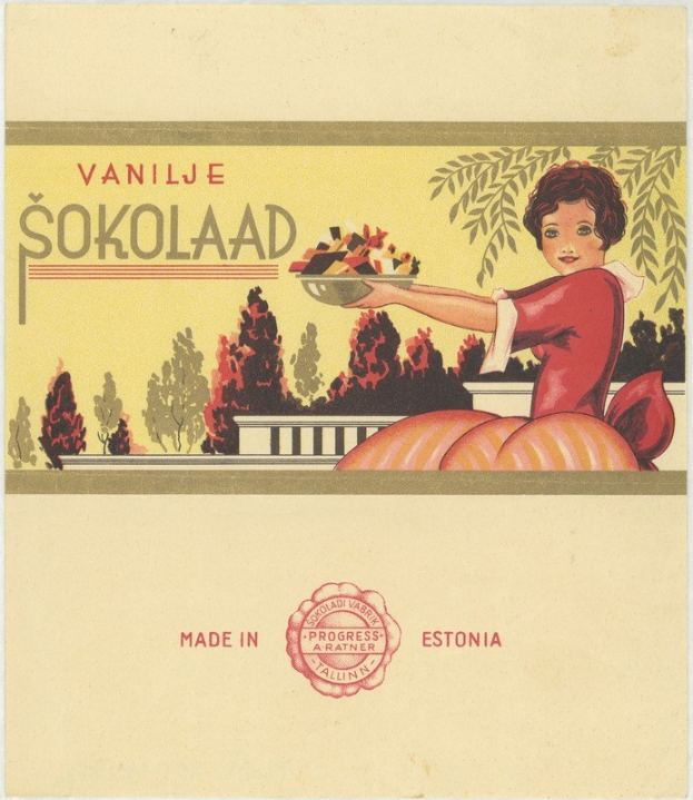 Poster featuring a woman holding a plate of food, with trees in the background and text reading "Vanilje Sokolaad - Made in Estonia" at the bottom.