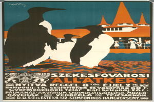 Ein Plakat an einer Wand mit zwei Pinguinen davor, das Plakat enth√§lt Text.