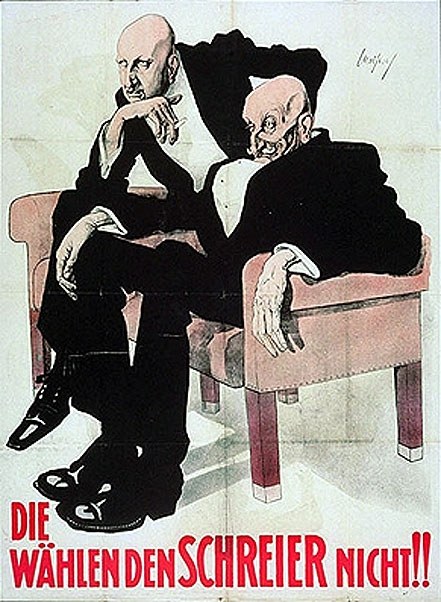 Deutsches Propagandaplakat für die NSDAP mit zwei Männern auf einem Sofa und Textüberlagerung.