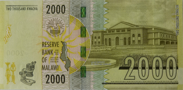 Vorderseite einer 2000 Kwacha-Banknote der Reserve Bank of Malawi mit einer Gebäudeillustration.
