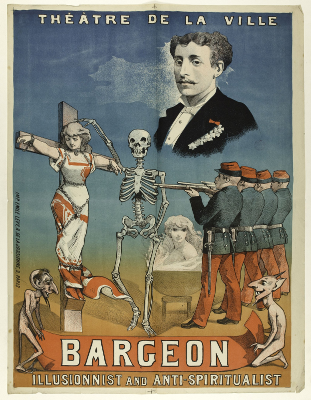 Plakat für das Théâtre de la Ville in Paris mit einem Skelett mit ausgestreckten Armen, umgeben von aufgeregten Menschen, mit der Aufschrift "Bargeon Illusionist und Anti-Spiritualist."