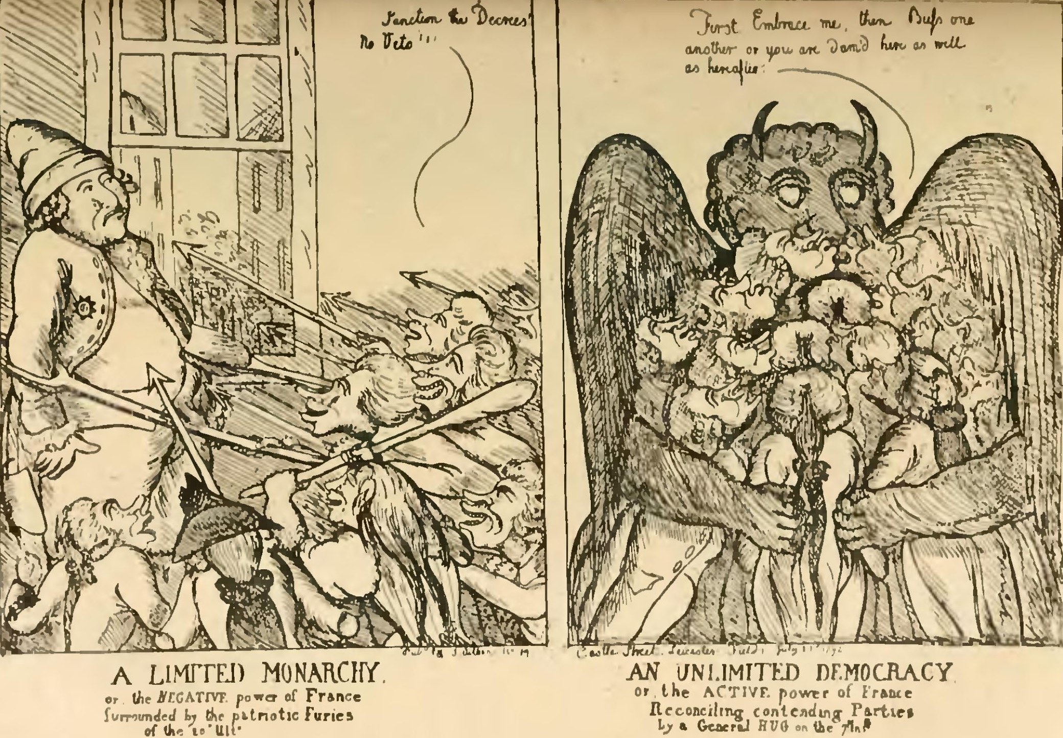 Seiten-an-Seiten-Comic-Strip-Panels im Vergleich einer begrenzten Monarchie und einer unbegrenzten Demokratie, mit begleitendem erklärendem Text.