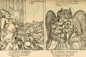 Seiten-an-Seiten-Comic-Strip-Panels im Vergleich einer begrenzten Monarchie und einer unbegrenzten Demokratie, mit begleitendem erklärendem Text.