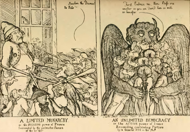 Seiten-an-Seiten-Comic-Strip-Panels im Vergleich einer begrenzten Monarchie und einer unbegrenzten Demokratie, mit begleitendem erklärendem Text.