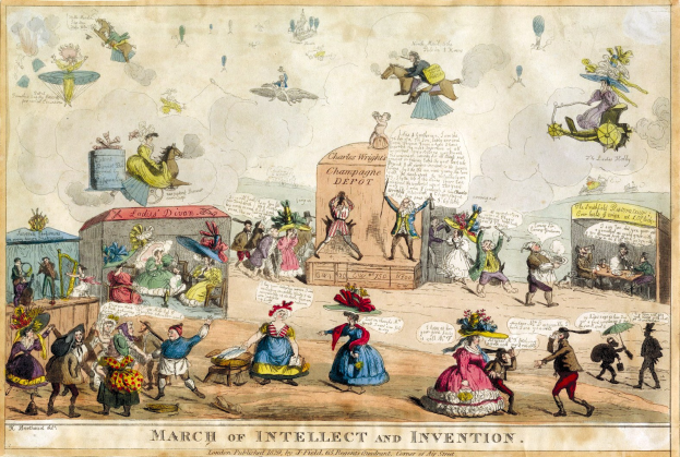 Ein Plakat, das eine Gruppe von Menschen zeigt, die sich lebhaft über Intellekt und Erfindung unterhalten, wobei einige Gegenstände und Text in fetter Schrift halten.