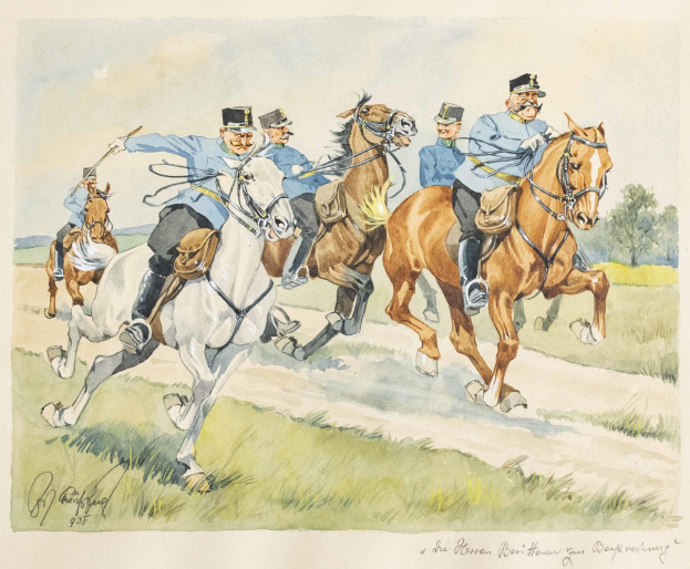 Ein Gemälde, das sieben Männer auf Pferden eine Schotterstraße entlang reiten zeigt, mit Bäumen und Gras im Hintergrund und dem Text "Die sieben Reiter der Wehrmacht" unten.