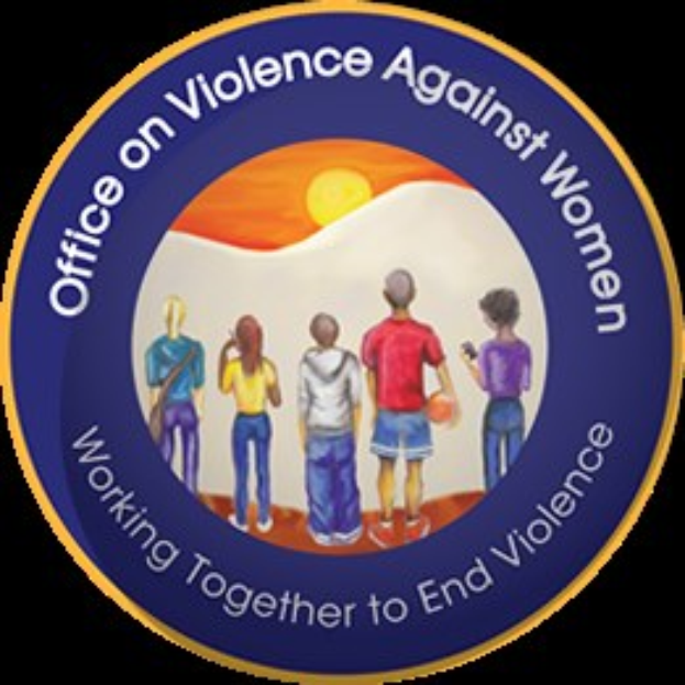 Logo for the Office on Violence Against Women featuring bold black text and a group of diverse people standing in a circle with linked arms, set against a bright yellow sun background.