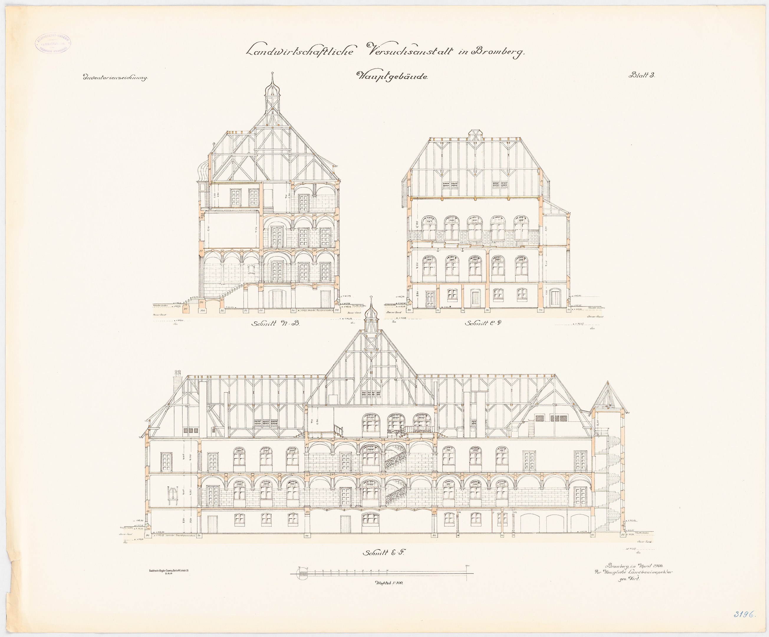 A hand-drawn sketch of a multi-windowed building labeled "Landwirtschaftbibliothek Versuchtsstalt in Bremberg" on white paper.