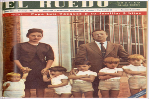 A magazine cover featuring a family photo with a man and woman standing behind two children, a windowed wall in the background, and text at the top and bottom.