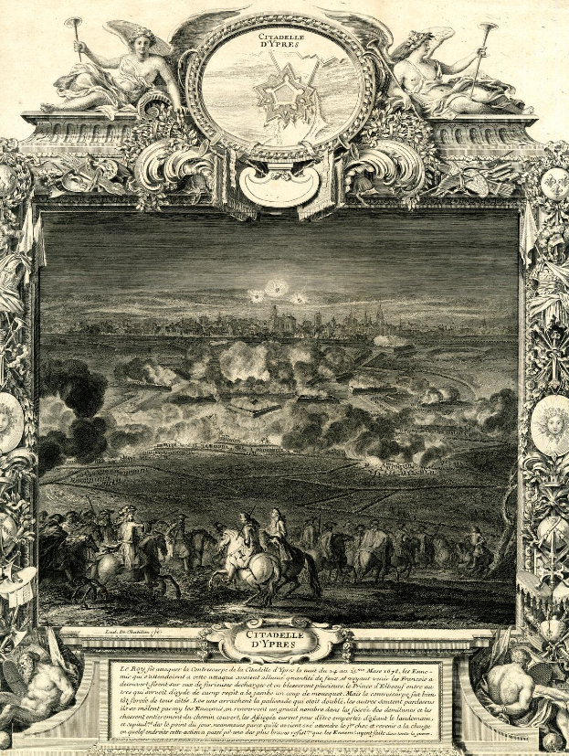 Eine schwarz-weiße Gravur eines Bilderrahmens mit einer Stadtlandschaft und Skulpturen von Menschen, Pferden und anderen Gegenständen, mit Text unten.