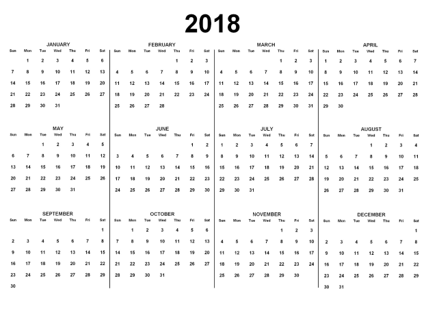 Schwarz-weisser 2018 Kalender, der die Feiertage der USA auf einem weissen Hintergrund anzeigt, mit den Tagen nach Wochen geordnet und Feiertage in fetter schwarzer Schrift.
