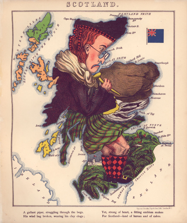 Old map of Scotland with a man in traditional Highland attire playing bagpipes, printed paper includes text and a flag.