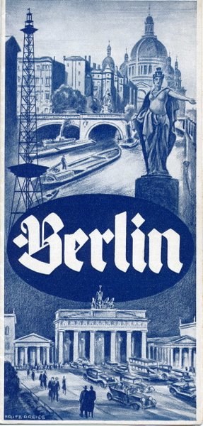 Poster advertising Berlin, Germany, featuring a statue, buildings, a tower, people, vehicles on the road, a bridge, and text providing information about the city.