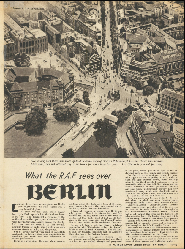 Alte Zeitung mit Schwarz-Weiß-Foto einer Stadtlandschaft mit Gebäuden, Bäumen und Fahrzeugen sowie Begleittext.