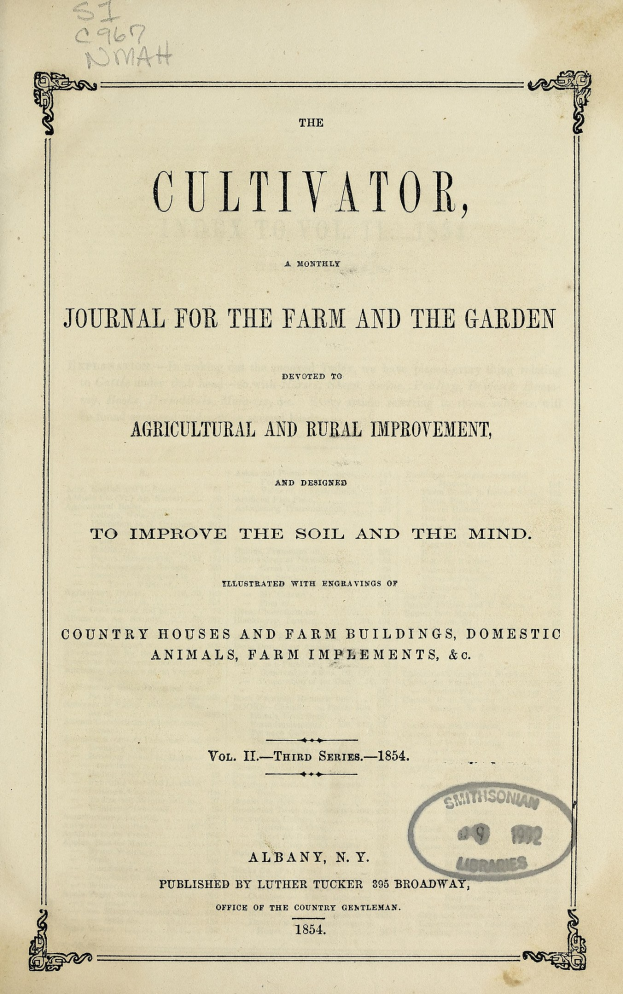 Altes Buch mit dem Titel "The Cultivator, Journal for the Farm and the Garden" aufgeschlagen