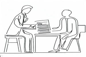 Eine durchgehende Linienzeichnung eines Arztes mit Stethoskop und Clipboard sowie eines Patienten, der an einem Schreibtisch mit Papieren sitzt, vor einem weißen Hintergrund.