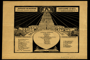 Ein altes Buch mit einer Pyramiden-Illustration, umgeben von Menschen, Gebäuden und Text, vor einem dunklen Hintergrund.