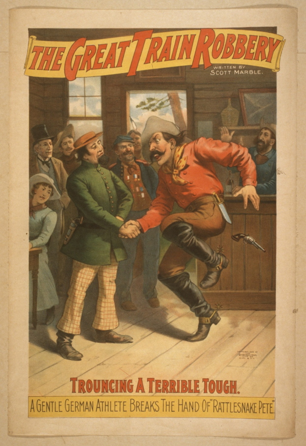 Plakat für "Die große Zugraub" zeigt eine Gruppe von Menschen mit einer Person, die eine Waffe hält, ein Fenster, eine Wand und Text oben und unten.