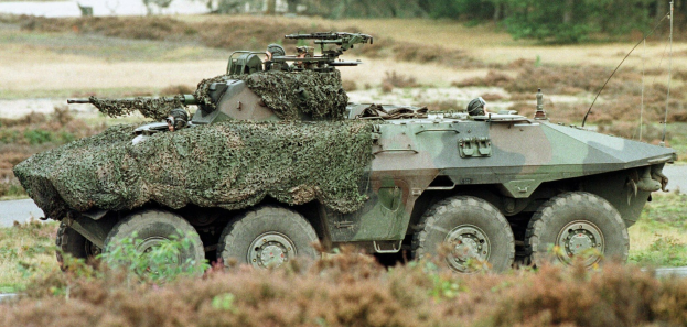 Militärisches Personalfahrzeug mit montierter großer Kanone, das auf einer Straße neben einem Wald fährt, mit Pflanzen am Boden und Bäumen im Hintergrund.